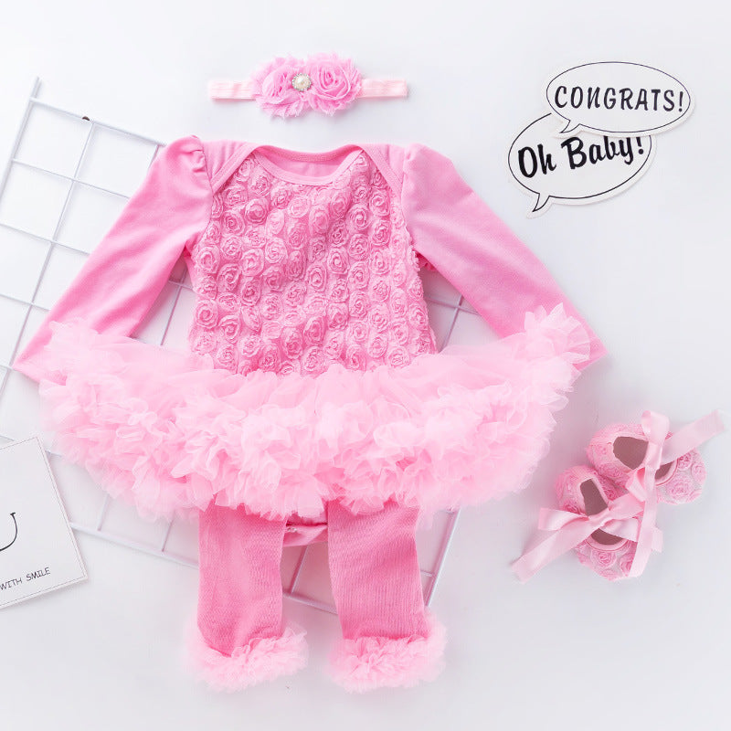Baby Girl Long Sleeve Floral Romper Dress Set - Cotton Mesh 0-24M